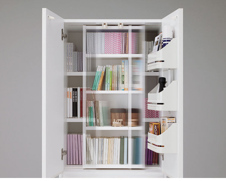 国産 壁面収納 キャビネット 幅60cm 高さ180cm ホワイト 白木目 スライド本棚 ボトルラック付 巾木 配線穴 耐震ラッチ 白井産業(代引不可)