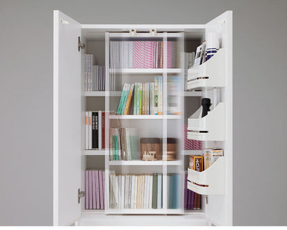 国産 壁面収納 キャビネット 幅60cm 高さ180cm ホワイト 白木目 スライド本棚 ボトルラック付 巾木 配線穴 耐震ラッチ 白井産業(代引不可)