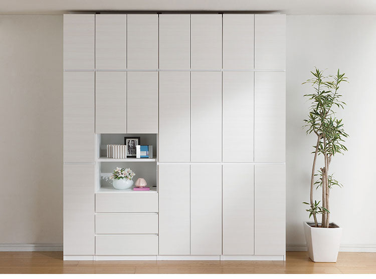 国産 壁面収納 キャビネット 幅60cm 高さ180cm ホワイト 白木目 スライド本棚 ボトルラック付 巾木 配線穴 耐震ラッチ 白井産業(代引不可)