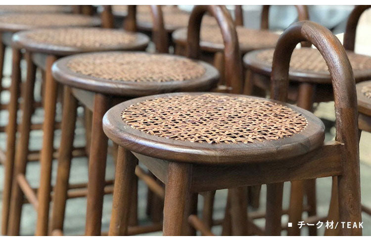 天然木 チーク 無垢材 カウンターチェア 木製 おしゃれ バーチェア コンパクト スリム ラタン おしゃれ アンティーク ヴィンテージ 北欧 アジアン 背もたれ付き(代引不可)