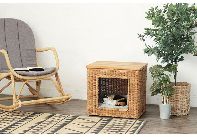 ペットハウス ペット ハウス クッション ラタン 籐 アジアン ナチュラル サイドテーブル 犬 猫 収納 ドッグハウス キャットハウス おしゃれ 北欧 かわいい 完成品(代引不可)