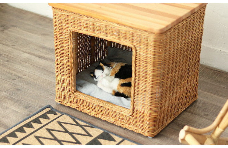 ペットハウス ペット ハウス クッション ラタン 籐 アジアン ナチュラル サイドテーブル 犬 猫 収納 ドッグハウス キャットハウス おしゃれ 北欧 かわいい 完成品(代引不可)