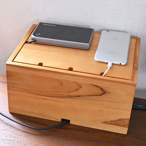 アジアン チーク 無垢材 木製 ケーブルボックス 天然木 ケーブル 収納 ケーブル収納 電源タップ USBハブ チーク材 バリ おしゃれ 北欧(代引不可)