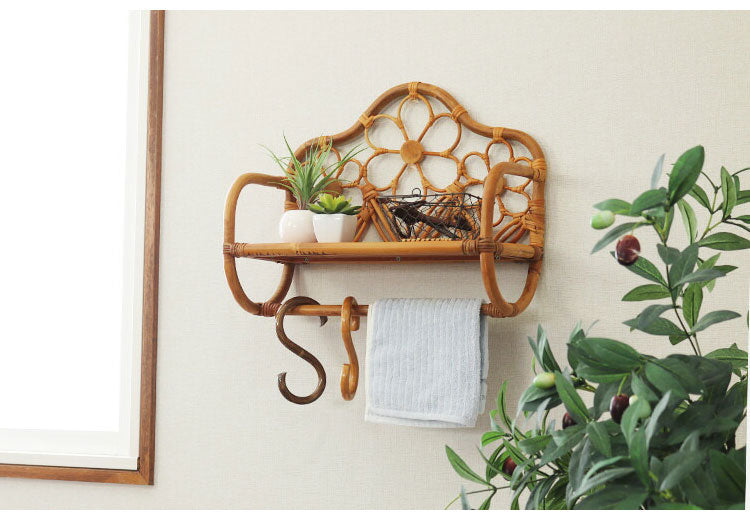 ラタン 壁掛け ウォールシェルフ 幅43 シェルフ 壁 おしゃれ カゴ バスケット ナチュラル アジアン 籐 収納 かわいい オープンラック 和風(代引不可)