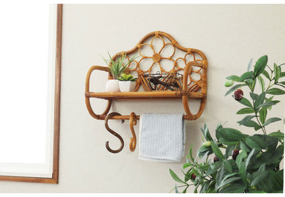 ラタン 壁掛け ウォールシェルフ 幅43 シェルフ 壁 おしゃれ カゴ バスケット ナチュラル アジアン 籐 収納 かわいい オープンラック 和風(代引不可)