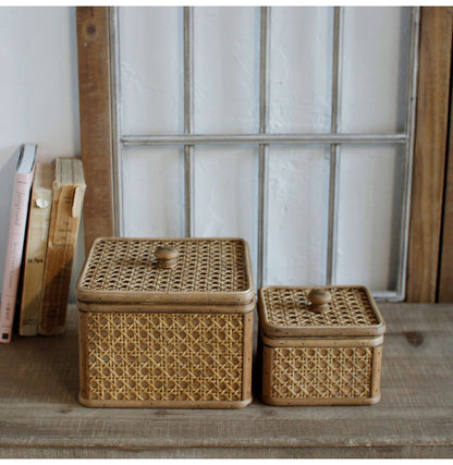 ラタン 蓋付き スクエアボックス Sサイズ 天然素材 フタ付き ボックス 箱 小物入れ 収納 籐 アジアン家具 韓国インテリア ナチュラル ラタンカントリー おしゃれ