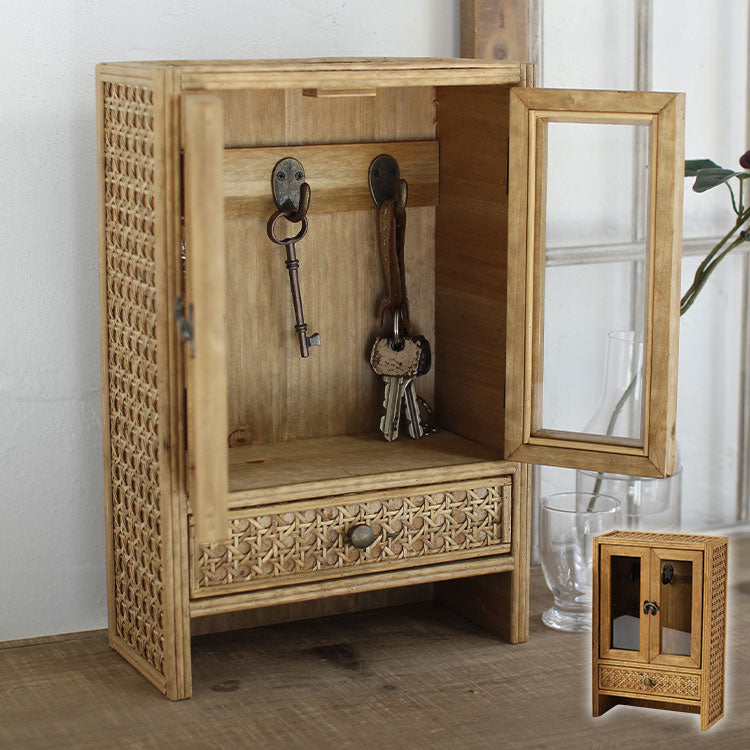 ラタン ガラス扉付き ミニキャビネット フック 引出し 両開き 扉収納 キーフック ボックス 箱 小物入れ 収納 籐 アジアン家具 韓国インテリア ナチュラル ラタンカントリー おしゃれ