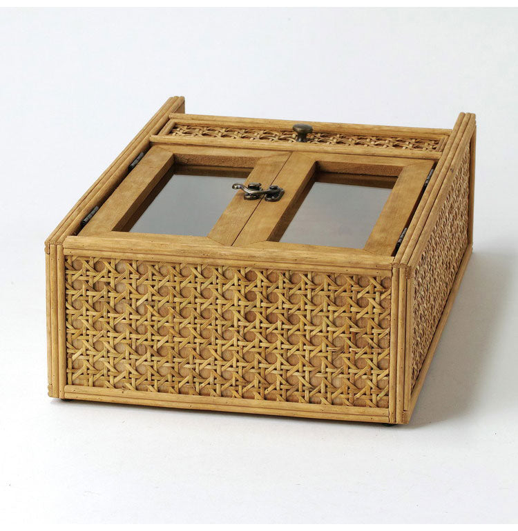 ラタン ガラス扉付き ミニキャビネット フック 引出し 両開き 扉収納 キーフック ボックス 箱 小物入れ 収納 籐 アジアン家具 韓国インテリア ナチュラル ラタンカントリー おしゃれ