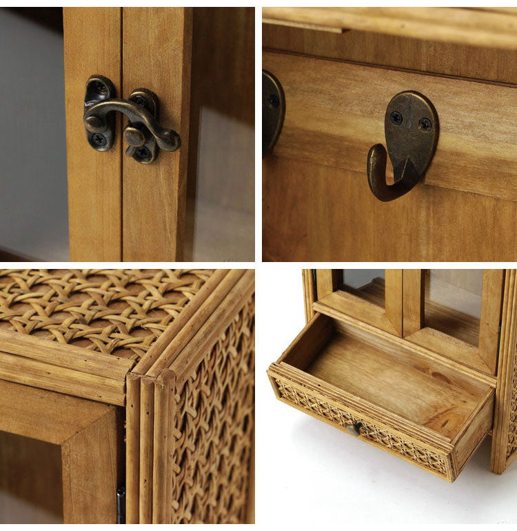 ラタン ガラス扉付き ミニキャビネット フック 引出し 両開き 扉収納 キーフック ボックス 箱 小物入れ 収納 籐 アジアン家具 韓国インテリア ナチュラル ラタンカントリー おしゃれ