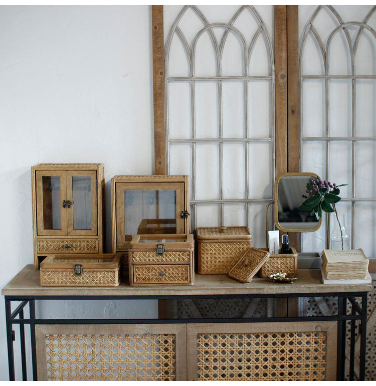 ラタン ガラス扉付き ミニキャビネット フック 引出し 両開き 扉収納 キーフック ボックス 箱 小物入れ 収納 籐 アジアン家具 韓国インテリア ナチュラル ラタンカントリー おしゃれ