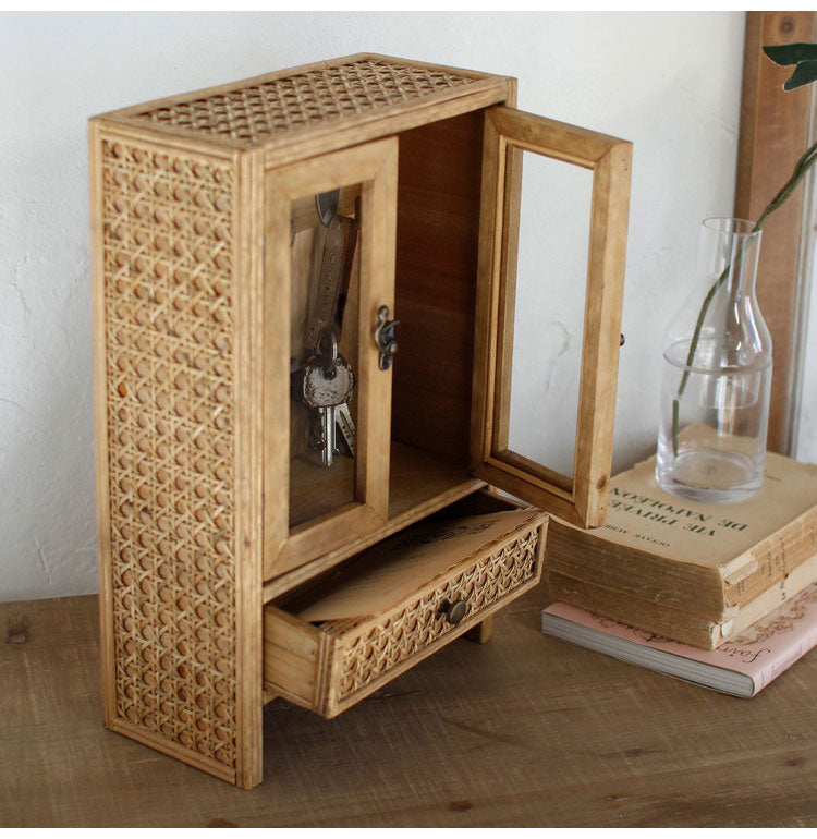 ラタン ガラス扉付き ミニキャビネット フック 引出し 両開き 扉収納 キーフック ボックス 箱 小物入れ 収納 籐 アジアン家具 韓国インテリア ナチュラル ラタンカントリー おしゃれ