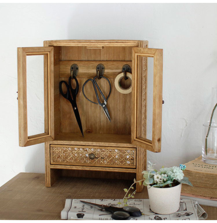 ラタン ガラス扉付き ミニキャビネット フック 引出し 両開き 扉収納 キーフック ボックス 箱 小物入れ 収納 籐 アジアン家具 韓国インテリア ナチュラル ラタンカントリー おしゃれ