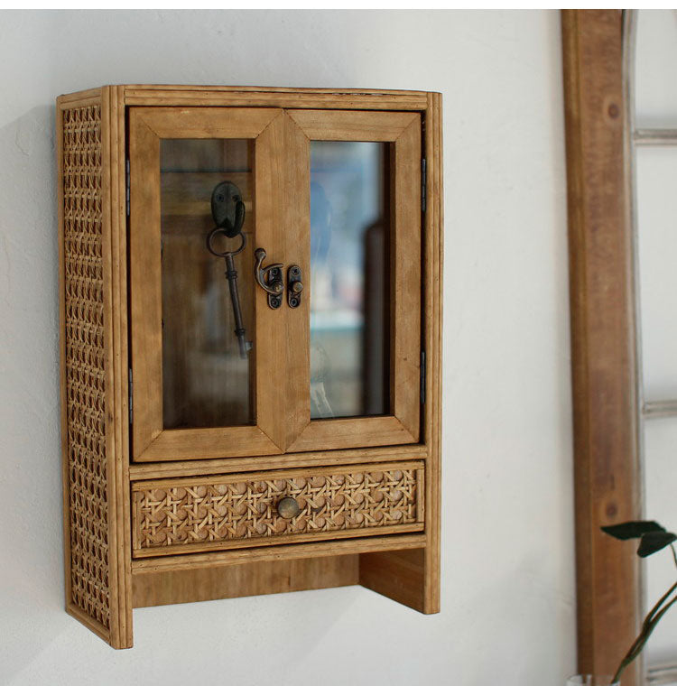 ラタン ガラス扉付き ミニキャビネット フック 引出し 両開き 扉収納 キーフック ボックス 箱 小物入れ 収納 籐 アジアン家具 韓国インテリア ナチュラル ラタンカントリー おしゃれ