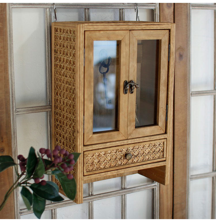 ラタン ガラス扉付き ミニキャビネット フック 引出し 両開き 扉収納 キーフック ボックス 箱 小物入れ 収納 籐 アジアン家具 韓国インテリア ナチュラル ラタンカントリー おしゃれ