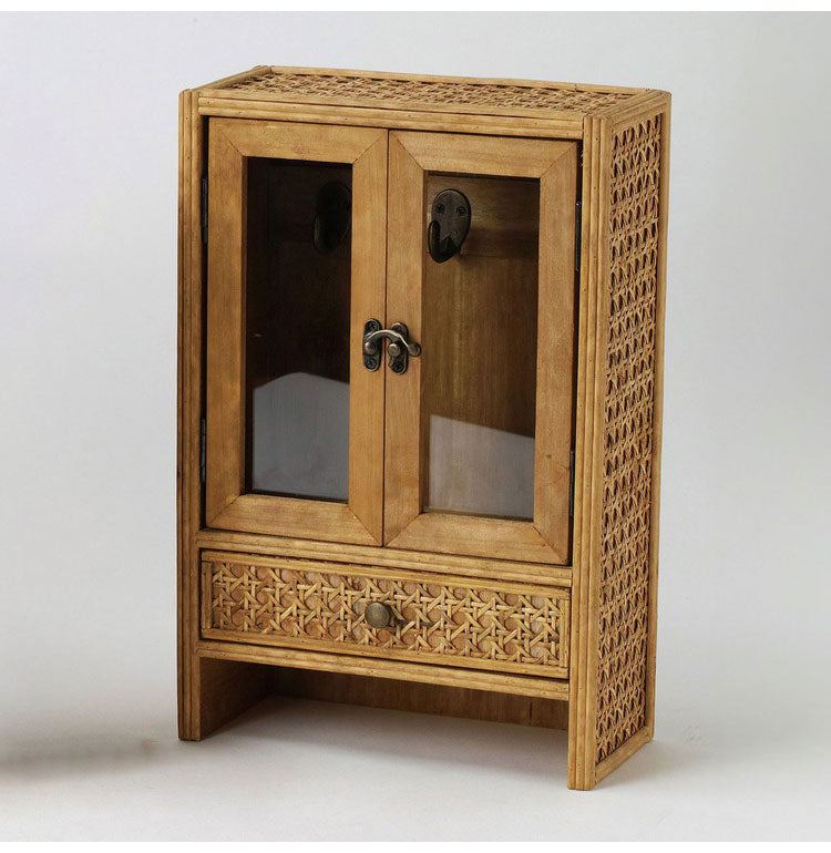 ラタン ガラス扉付き ミニキャビネット フック 引出し 両開き 扉収納 キーフック ボックス 箱 小物入れ 収納 籐 アジアン家具 韓国インテリア ナチュラル ラタンカントリー おしゃれ