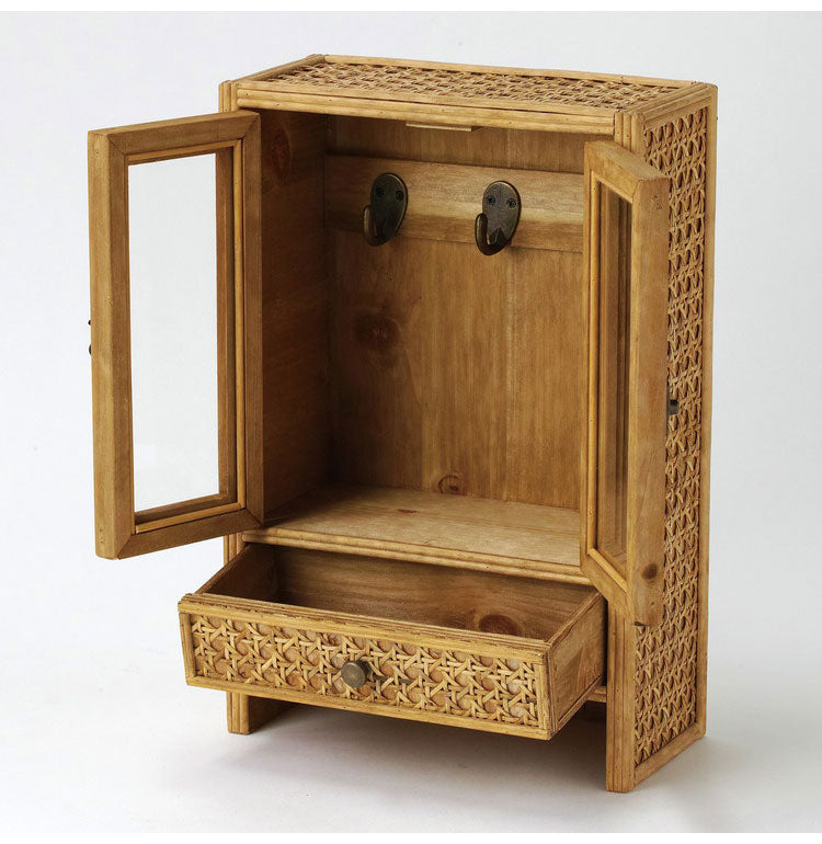 ラタン ガラス扉付き ミニキャビネット フック 引出し 両開き 扉収納 キーフック ボックス 箱 小物入れ 収納 籐 アジアン家具 韓国インテリア ナチュラル ラタンカントリー おしゃれ