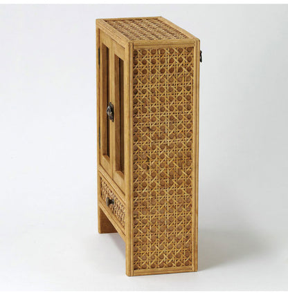 ラタン ガラス扉付き ミニキャビネット フック 引出し 両開き 扉収納 キーフック ボックス 箱 小物入れ 収納 籐 アジアン家具 韓国インテリア ナチュラル ラタンカントリー おしゃれ