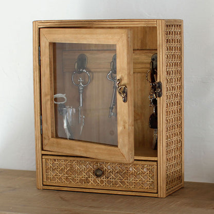ラタン ガラス扉付き キーボックス フック 引出し 扉収納 キーフック ボックス 箱 小物入れ 収納 籐 アジアン家具 韓国インテリア ナチュラル ラタンカントリー おしゃれ