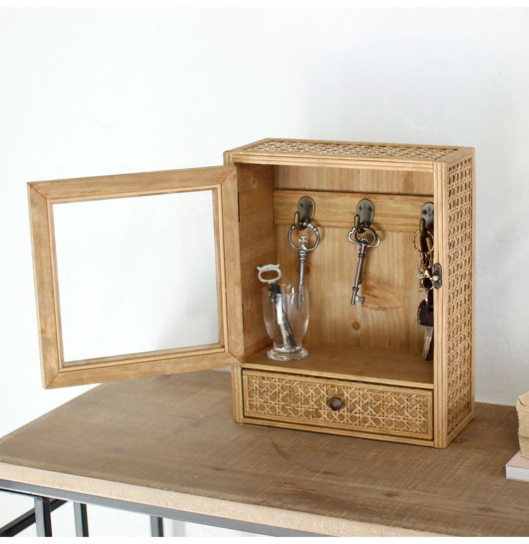 ラタン ガラス扉付き キーボックス フック 引出し 扉収納 キーフック ボックス 箱 小物入れ 収納 籐 アジアン家具 韓国インテリア ナチュラル ラタンカントリー おしゃれ