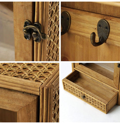 ラタン ガラス扉付き キーボックス フック 引出し 扉収納 キーフック ボックス 箱 小物入れ 収納 籐 アジアン家具 韓国インテリア ナチュラル ラタンカントリー おしゃれ