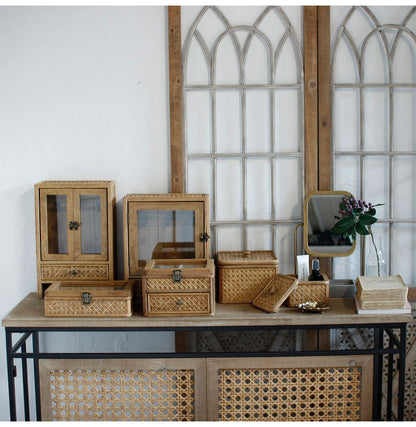 ラタン ガラス扉付き キーボックス フック 引出し 扉収納 キーフック ボックス 箱 小物入れ 収納 籐 アジアン家具 韓国インテリア ナチュラル ラタンカントリー おしゃれ