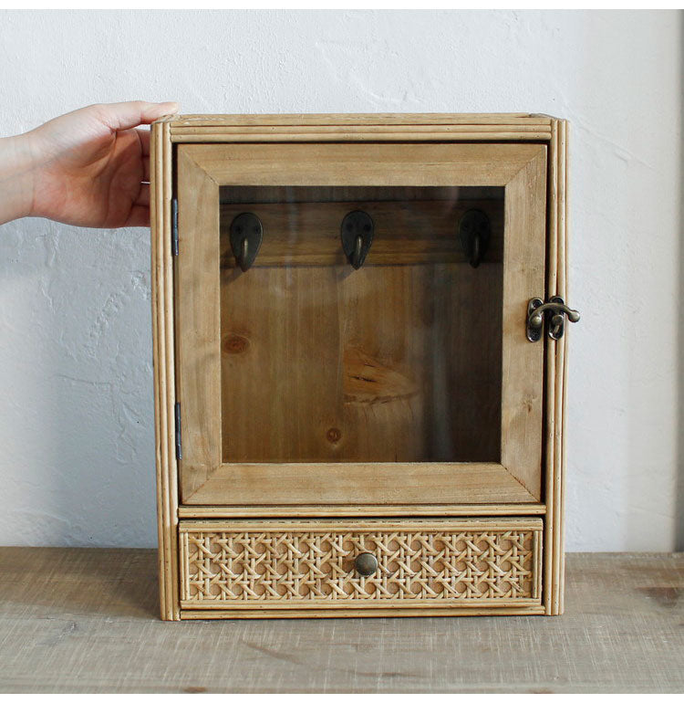 ラタン ガラス扉付き キーボックス フック 引出し 扉収納 キーフック ボックス 箱 小物入れ 収納 籐 アジアン家具 韓国インテリア ナチュラル ラタンカントリー おしゃれ