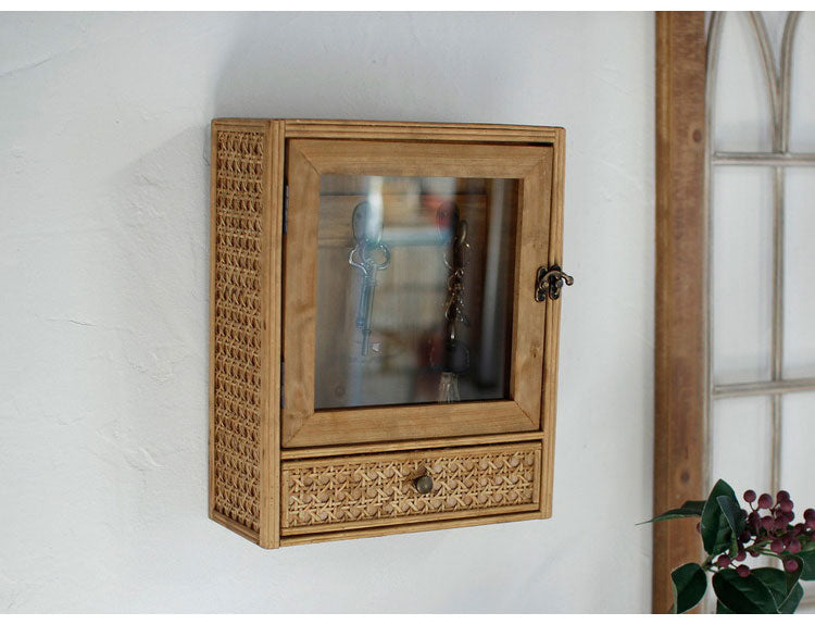 ラタン ガラス扉付き キーボックス フック 引出し 扉収納 キーフック ボックス 箱 小物入れ 収納 籐 アジアン家具 韓国インテリア ナチュラル ラタンカントリー おしゃれ