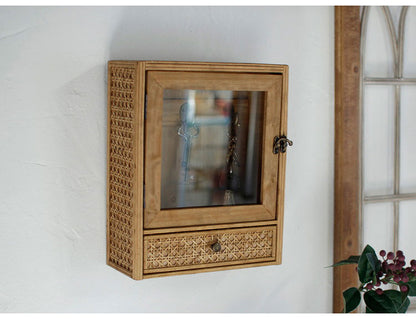 ラタン ガラス扉付き キーボックス フック 引出し 扉収納 キーフック ボックス 箱 小物入れ 収納 籐 アジアン家具 韓国インテリア ナチュラル ラタンカントリー おしゃれ