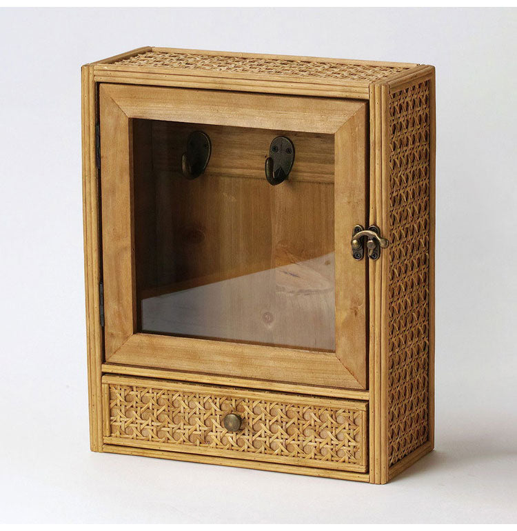 ラタン ガラス扉付き キーボックス フック 引出し 扉収納 キーフック ボックス 箱 小物入れ 収納 籐 アジアン家具 韓国インテリア ナチュラル ラタンカントリー おしゃれ