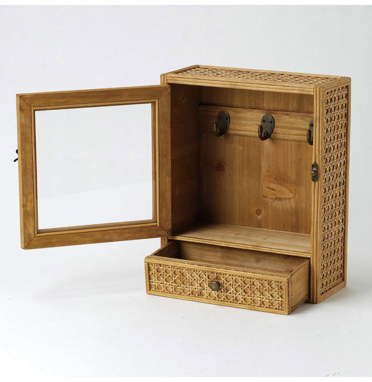 ラタン ガラス扉付き キーボックス フック 引出し 扉収納 キーフック ボックス 箱 小物入れ 収納 籐 アジアン家具 韓国インテリア ナチュラル ラタンカントリー おしゃれ