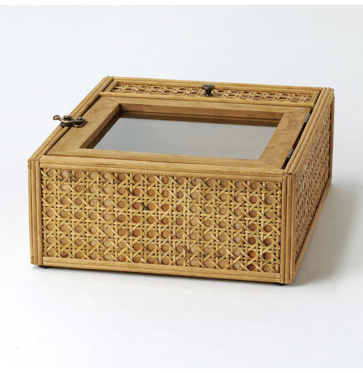 ラタン ガラス扉付き キーボックス フック 引出し 扉収納 キーフック ボックス 箱 小物入れ 収納 籐 アジアン家具 韓国インテリア ナチュラル ラタンカントリー おしゃれ