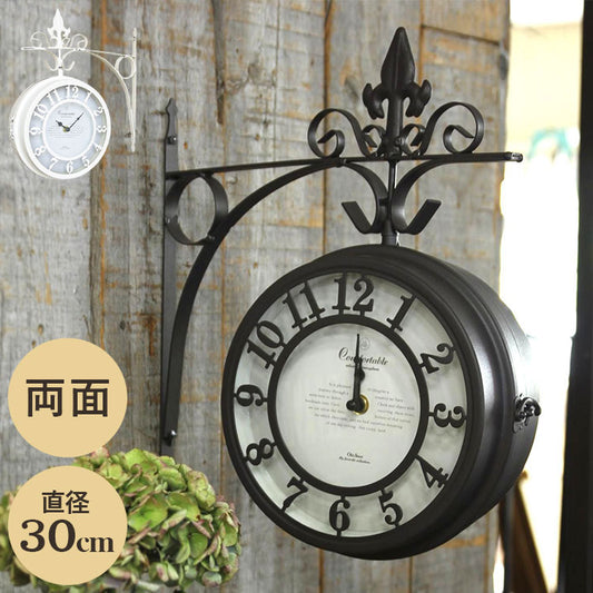 アイアン 壁掛け両面時計 直径30cm 壁掛け時計 両面時計 360度回転 アンティーク調 おしゃれ ブラウン ホワイト 白 オールドストリート クロック ショップ 美容院 サロン インテリア