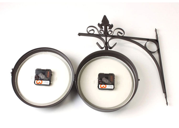 アイアン 壁掛け両面時計 直径30cm 壁掛け時計 両面時計 360度回転 アンティーク調 おしゃれ ブラウン ホワイト 白 オールドストリート クロック ショップ 美容院 サロン インテリア