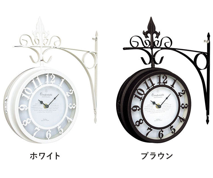 アイアン 壁掛け両面時計 直径30cm 壁掛け時計 両面時計 360度回転 アンティーク調 おしゃれ ブラウン ホワイト 白 オールドストリート クロック ショップ 美容院 サロン インテリア