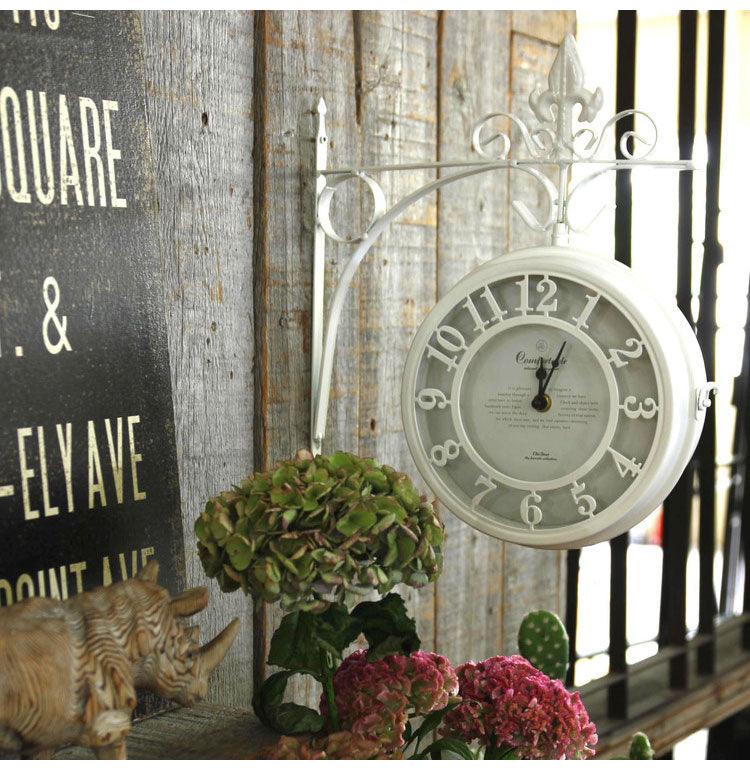 アイアン 壁掛け両面時計 直径30cm 壁掛け時計 両面時計 360度回転 アンティーク調 おしゃれ ブラウン ホワイト 白 オールドストリート クロック ショップ 美容院 サロン インテリア