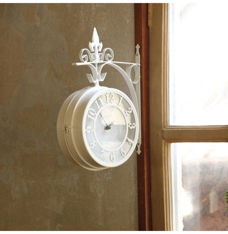 アイアン 壁掛け両面時計 直径30cm 壁掛け時計 両面時計 360度回転 アンティーク調 おしゃれ ブラウン ホワイト 白 オールドストリート クロック ショップ 美容院 サロン インテリア