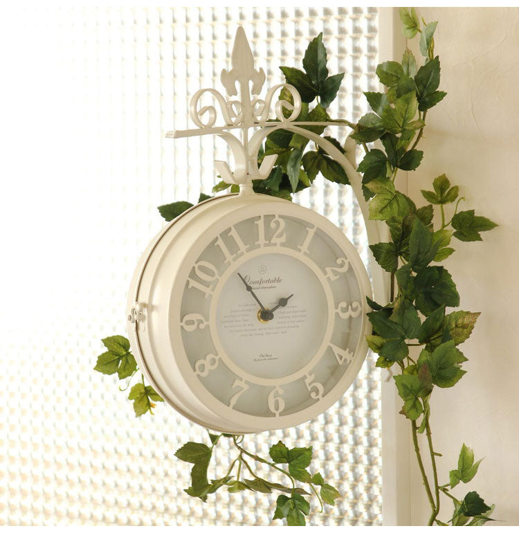 アイアン 壁掛け両面時計 直径30cm 壁掛け時計 両面時計 360度回転 アンティーク調 おしゃれ ブラウン ホワイト 白 オールドストリート クロック ショップ 美容院 サロン インテリア