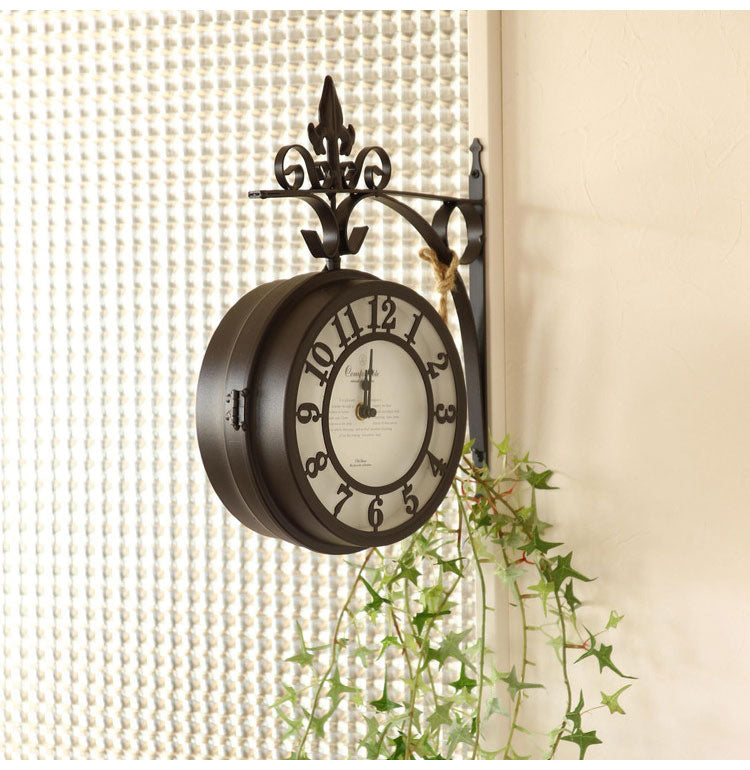 アイアン 壁掛け両面時計 直径30cm 壁掛け時計 両面時計 360度回転 アンティーク調 おしゃれ ブラウン ホワイト 白 オールドストリート クロック ショップ 美容院 サロン インテリア