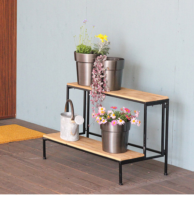 天然木 プランター台 2段 おしゃれ インダストリアル パイン材×アイアン ディスプレイスタンド ディスプレイラック 棚 プランタースタンド フラワースタンド 園芸ラック 室内 屋内