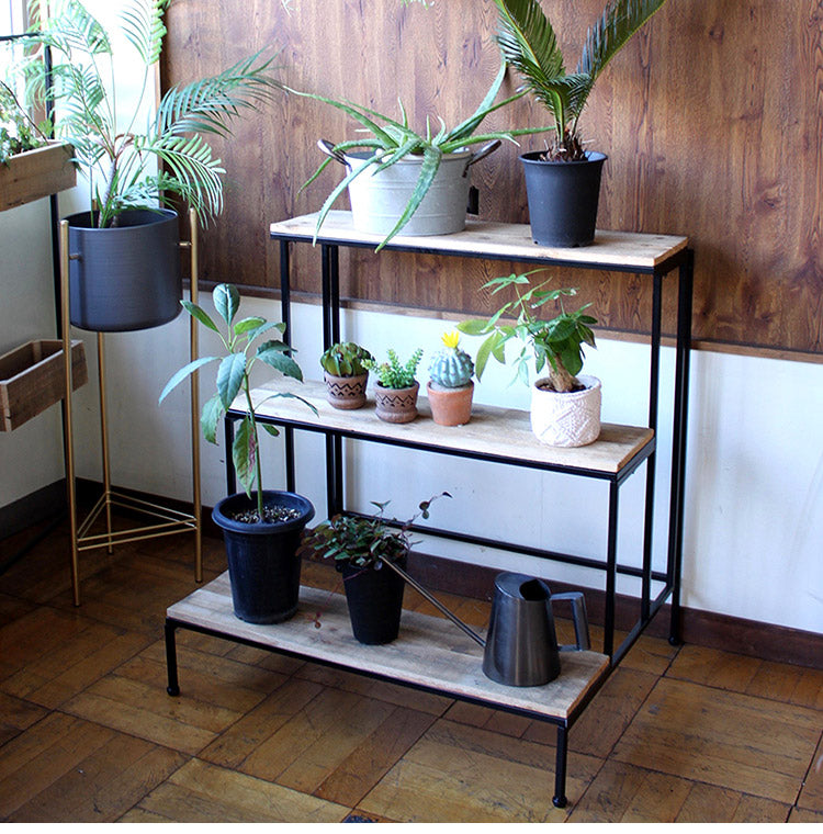 天然木 プランター台 3段 おしゃれ インダストリアル パイン材×アイアン ディスプレイスタンド ディスプレイラック 棚 プランタースタンド フラワースタンド 園芸ラック 室内 屋内