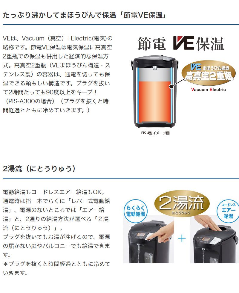タイガー魔法瓶 蒸気レス VE電気まほうびん 2.2L PIS-A220T ブラウン とく子さん 電気ポット 電動ポット 魔法瓶 ポット 給湯