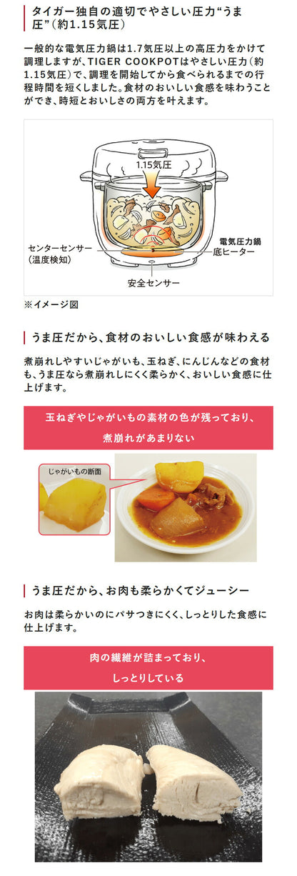 タイガー COOKPOT クックポット 1台11役 うま圧 電気圧力鍋 電気調理鍋 容量 1.4L 炊飯容量 3合 マットホワイト COK-B220WM