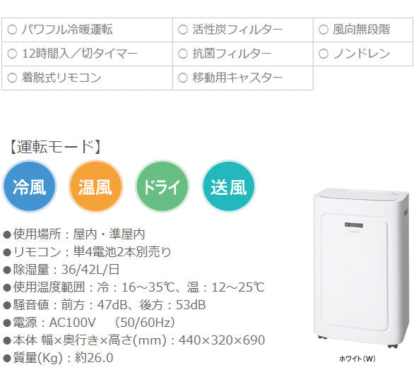 トヨトミ 冷暖兼用スポットエアコン TAD-22LW(W) 冷暖エアコン ホワイト 冷風 温風 工事不要 リモコン キャスター(代引不可)