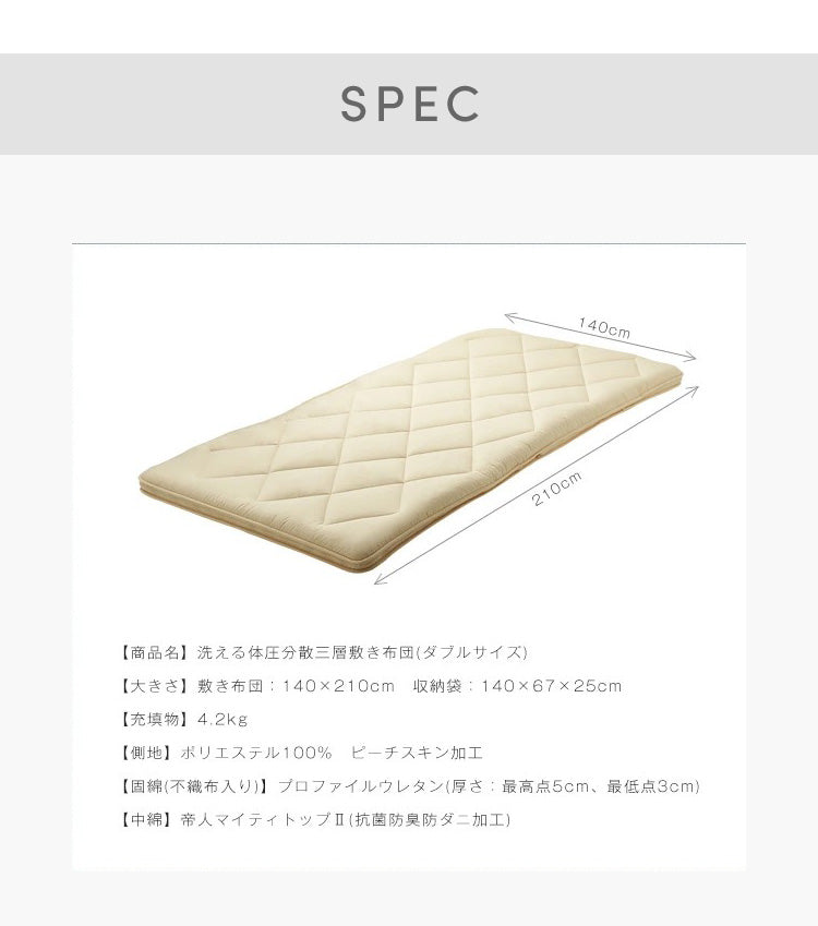 三層敷布団 ダブル 140×210cm TEIJIN マイティトップ 体圧分散 抗菌消臭 防ダニ 低ホルム 洗える 固綿入 ロング テイジン【送料無料】