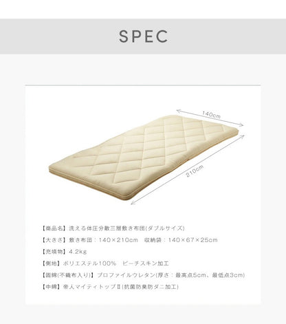 三層敷布団 ダブル 140×210cm TEIJIN マイティトップ 体圧分散 抗菌消臭 防ダニ 低ホルム 洗える 固綿入 ロング テイジン【送料無料】