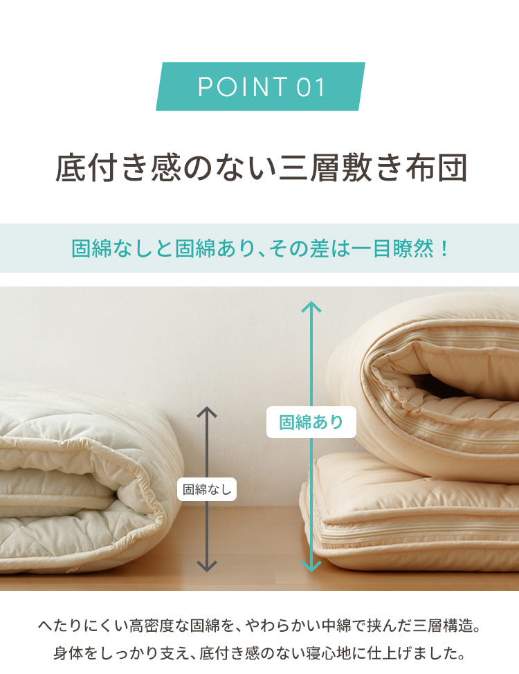 三層敷布団 ダブル 140×210cm TEIJIN マイティトップ 体圧分散 抗菌消臭 防ダニ 低ホルム 洗える 固綿入 ロング テイジン【送料無料】