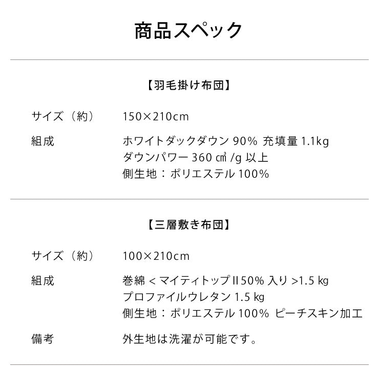 羽毛布団4点セット シングル ホワイトダックダウン90% 1.1kg 360dp テイジン製マイティトップ使用 抗菌防臭 防ダニ 消臭 低ホルム 立体キルト 3層敷布団 ウレタン 収納袋付 掛布団 掛け布団 枕 帝人 アイボリー 来客用