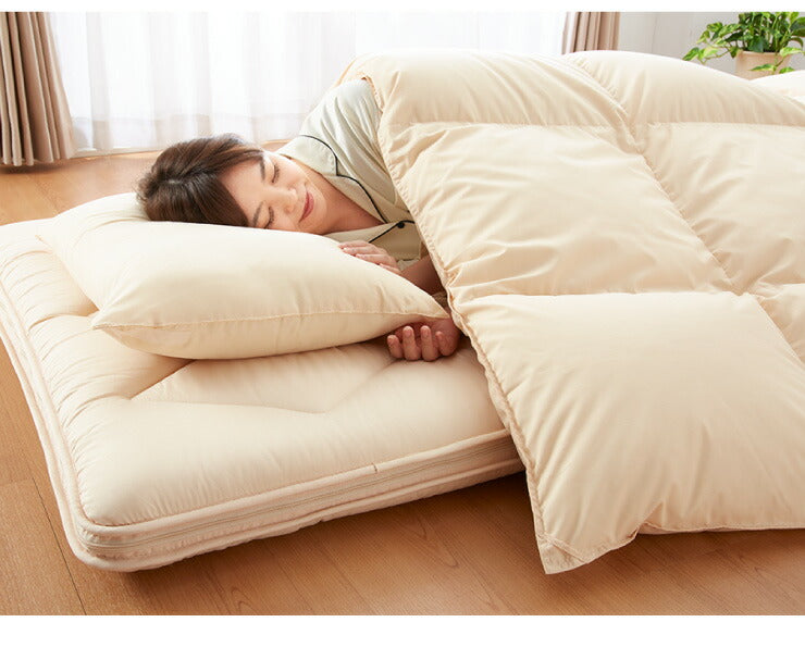 羽毛布団4点セット シングル ホワイトダックダウン90% 1.1kg 360dp テイジン製マイティトップ使用 抗菌防臭 防ダニ 消臭 低ホルム 立体キルト 3層敷布団 ウレタン 収納袋付 掛布団 掛け布団 枕 帝人 アイボリー 来客用