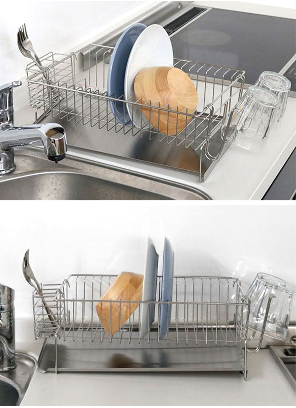 日本製 燕三条 斜めに水が流れる 水切りラック 縦置き・横置き 両対応 箸立て グラスホルダー付き 水切りかご 水切りバスケット ステンレス製 国産 シンクサイド 水切りかご(代引不可)