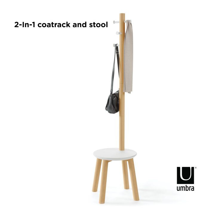 Umbra ピラー スツールコートラック ホワイト 21014257668 コートハンガー スツール コートラック ウッド アンブラ ポールハンガー コート掛け スタンド 小物置き 玄関 リビング(代引不可)